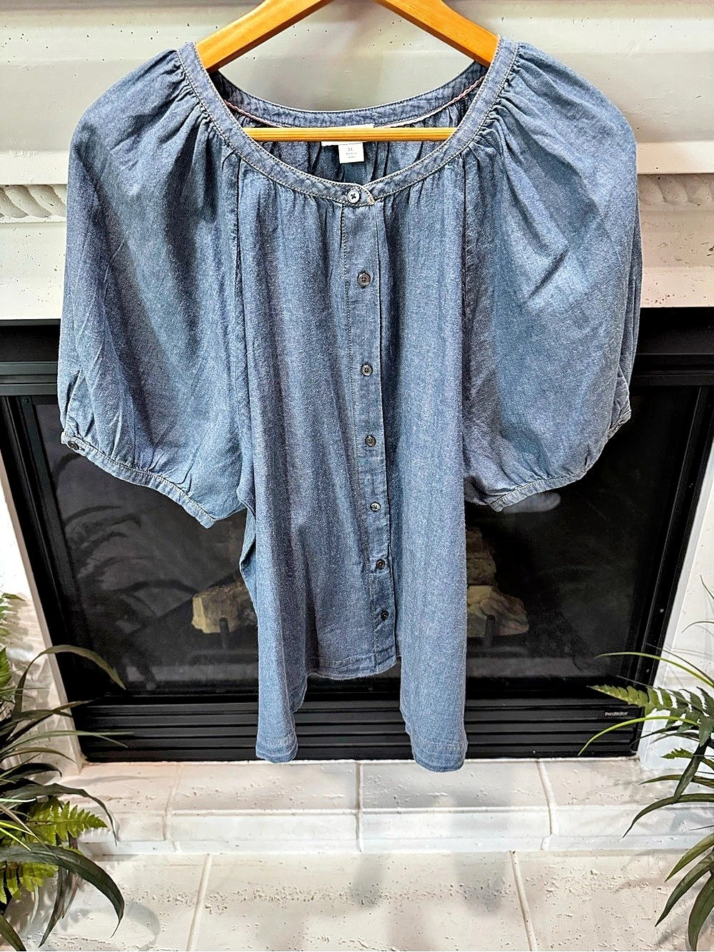 sundance Cotton Puff Sleeve Blouse in Blue Size XL